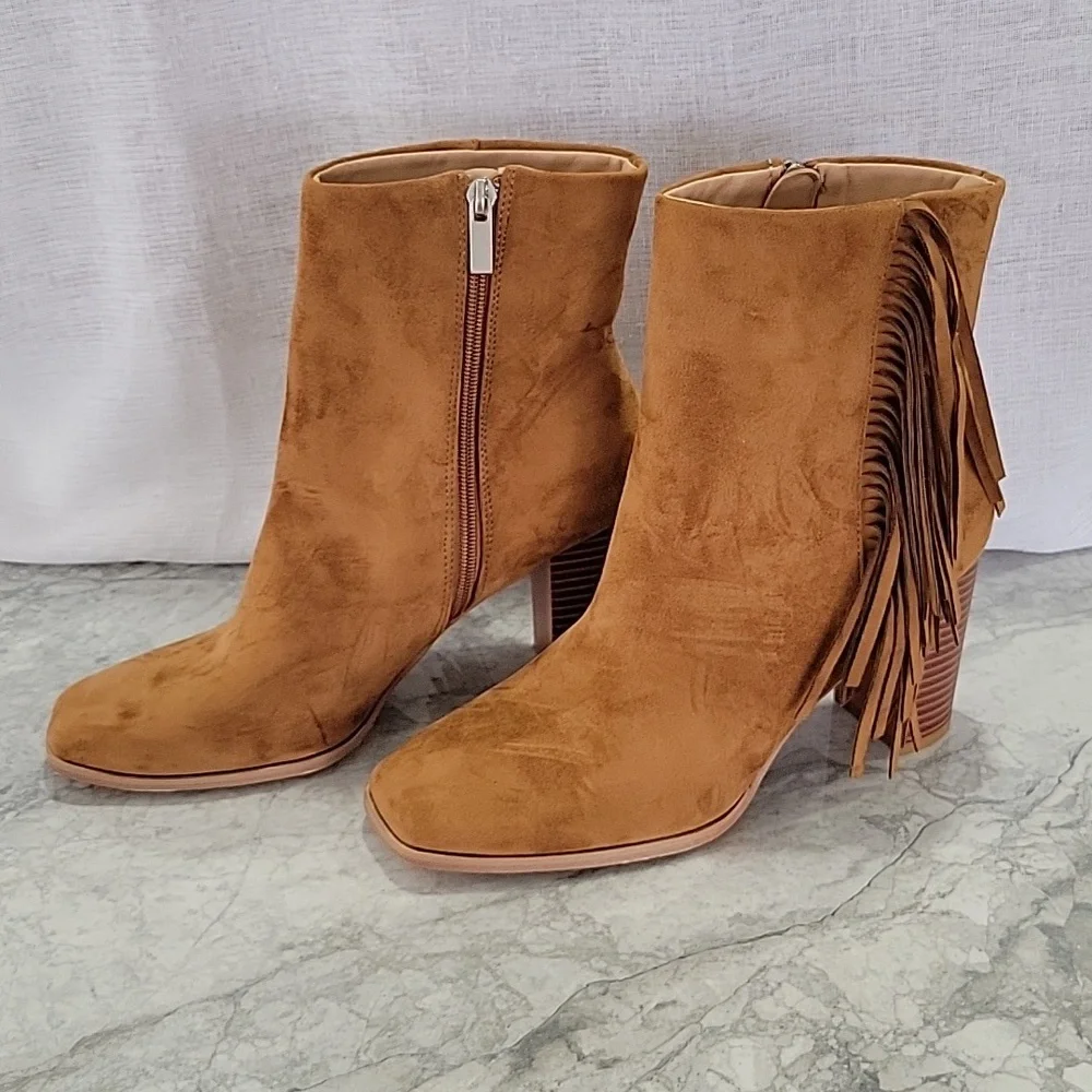 Women's Square Toe Chunky Block Heel Fringe Side Zipper Ankle Boots - Picture 1 of 9